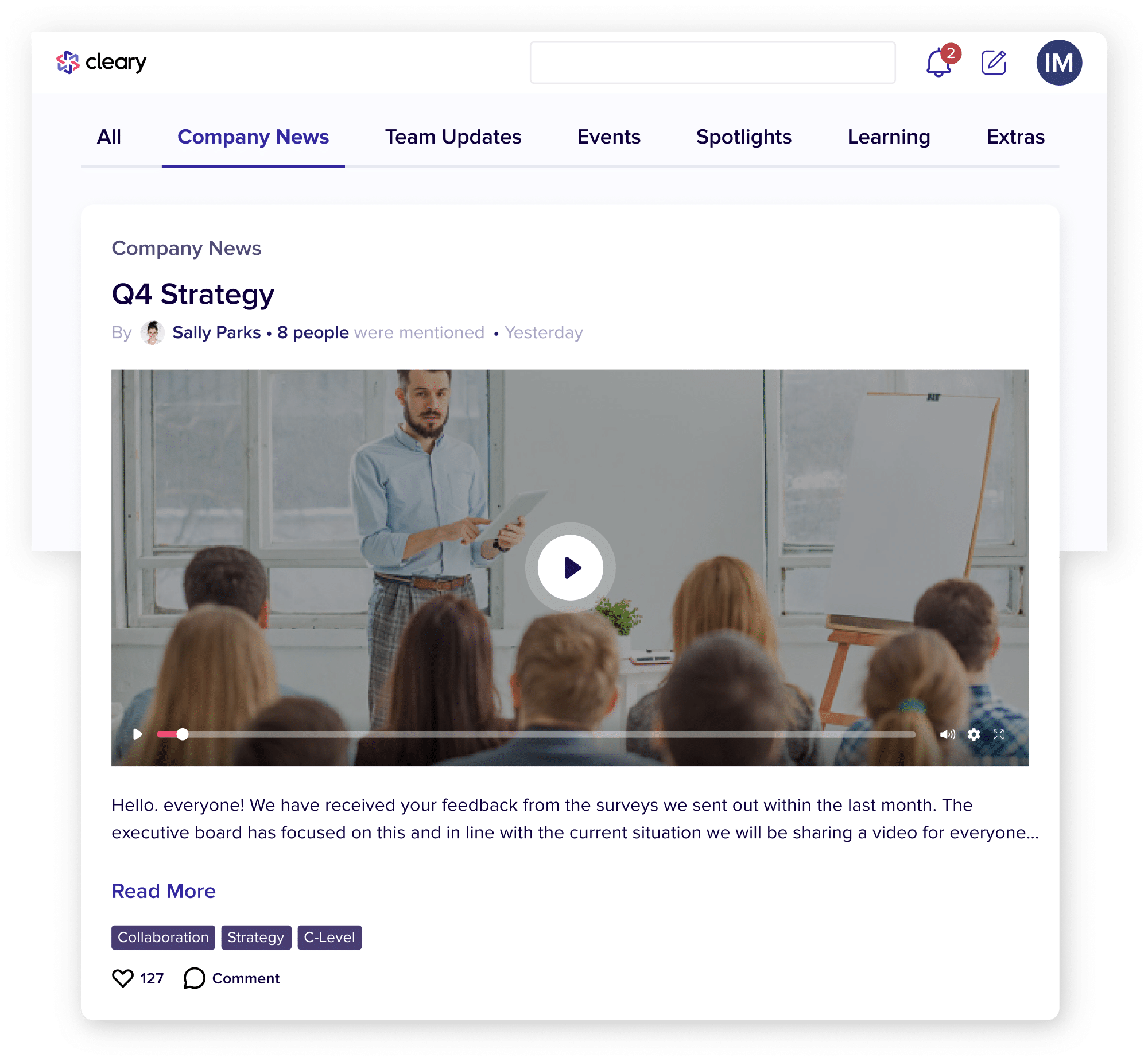 Use Cleary's News product to improve the internal communication in your digital workplaces and share the latest news and announcements with your employees.