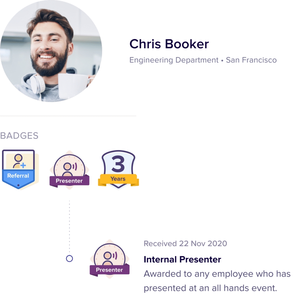 Improve your employees' journey experiences with Cleary by using badges that illustrate their contributions to the company presentation at the company all-hands.