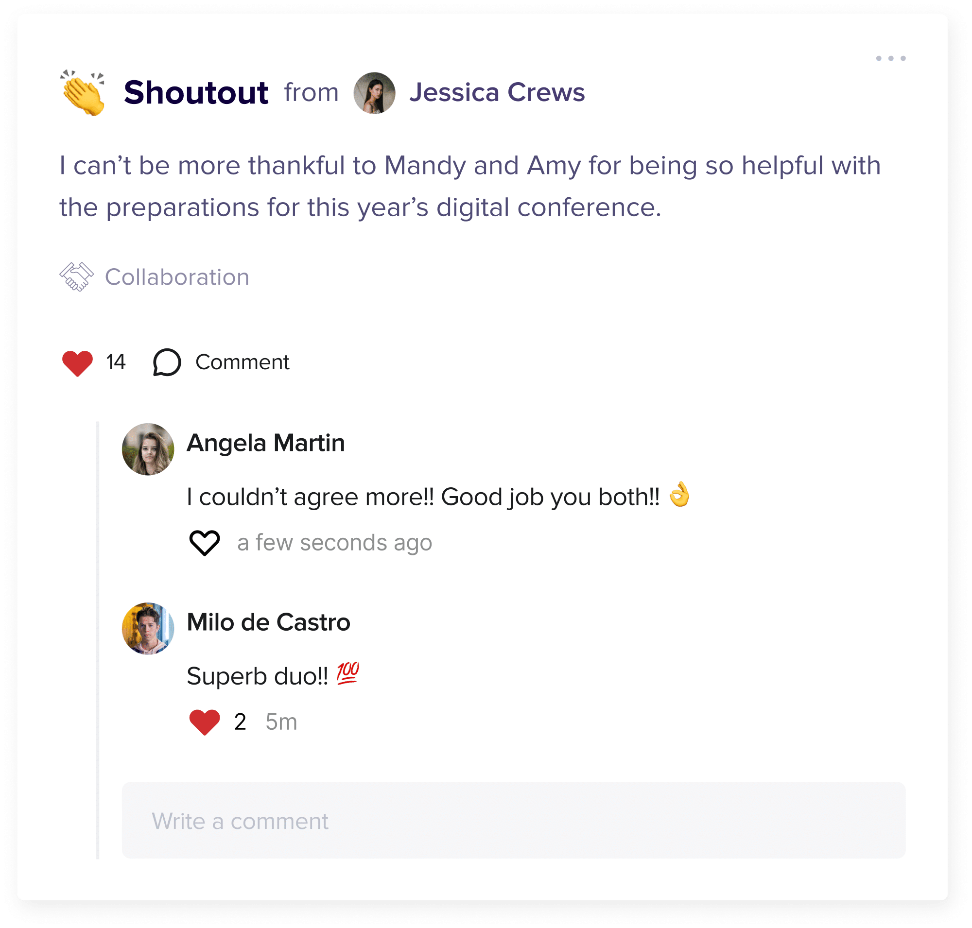 Send shoutouts to practice public recognition that reflects your company values. Cleary Platform is integrated with Slack channels for maximum company visibility.