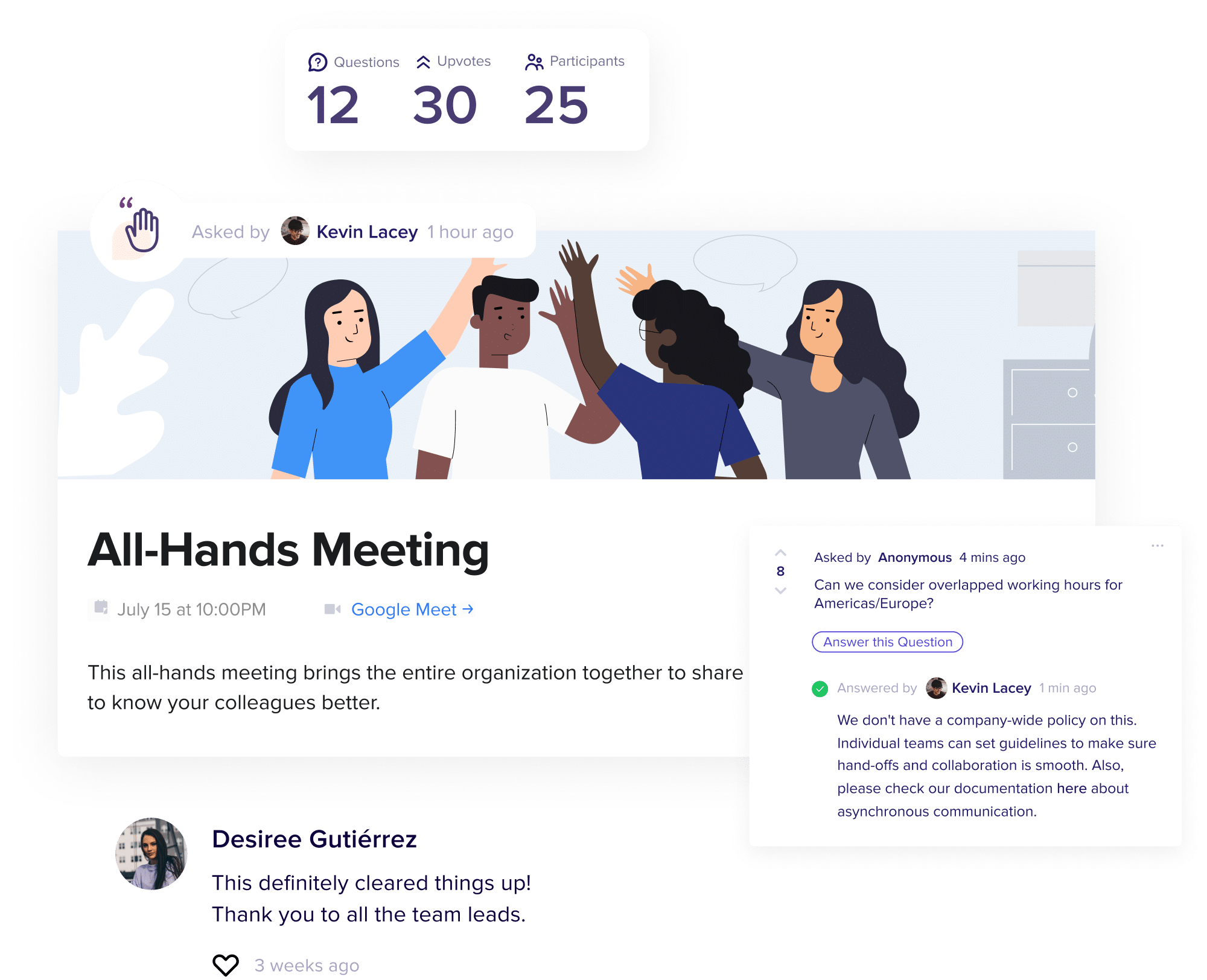 Improve your All-hands with Cleary to drive a transparent, inclusive, and connected meeting in hybrid and disturbed teams.
