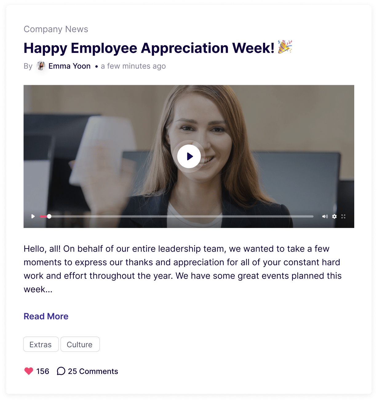 Employee Appreciation CEO video in newsfeed